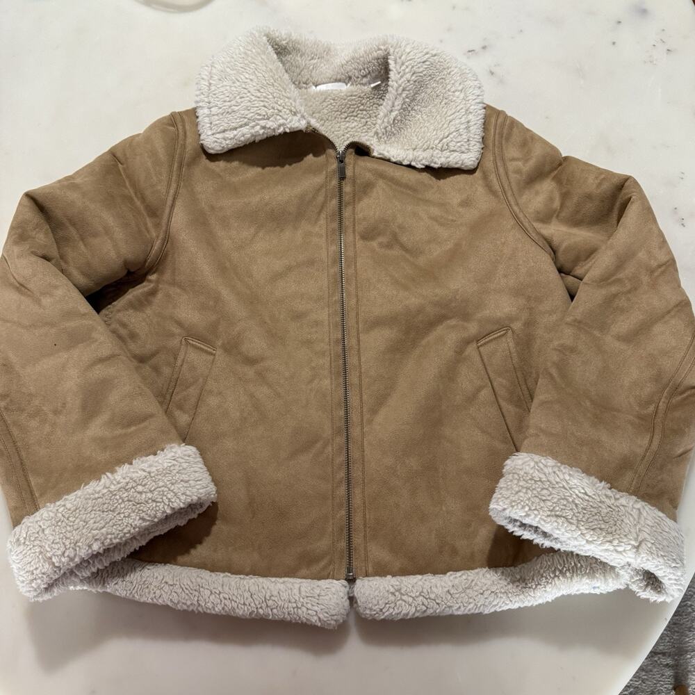 Uniqlo Women’s M Pile Lined Jacket Relaxed Fit Brown Beige Shearling Suedette